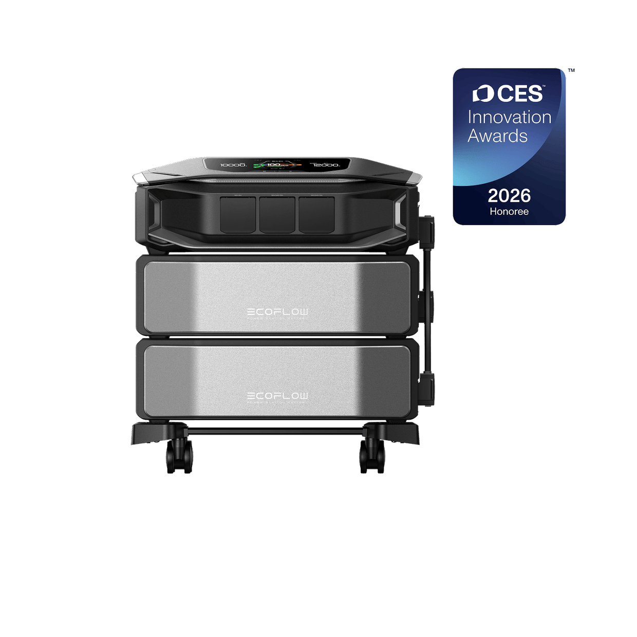 Stackable silver and black power station with attached wheels; displays a 