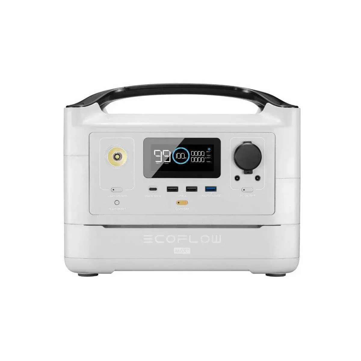 White portable power station with black handle, digital display, and various output ports.