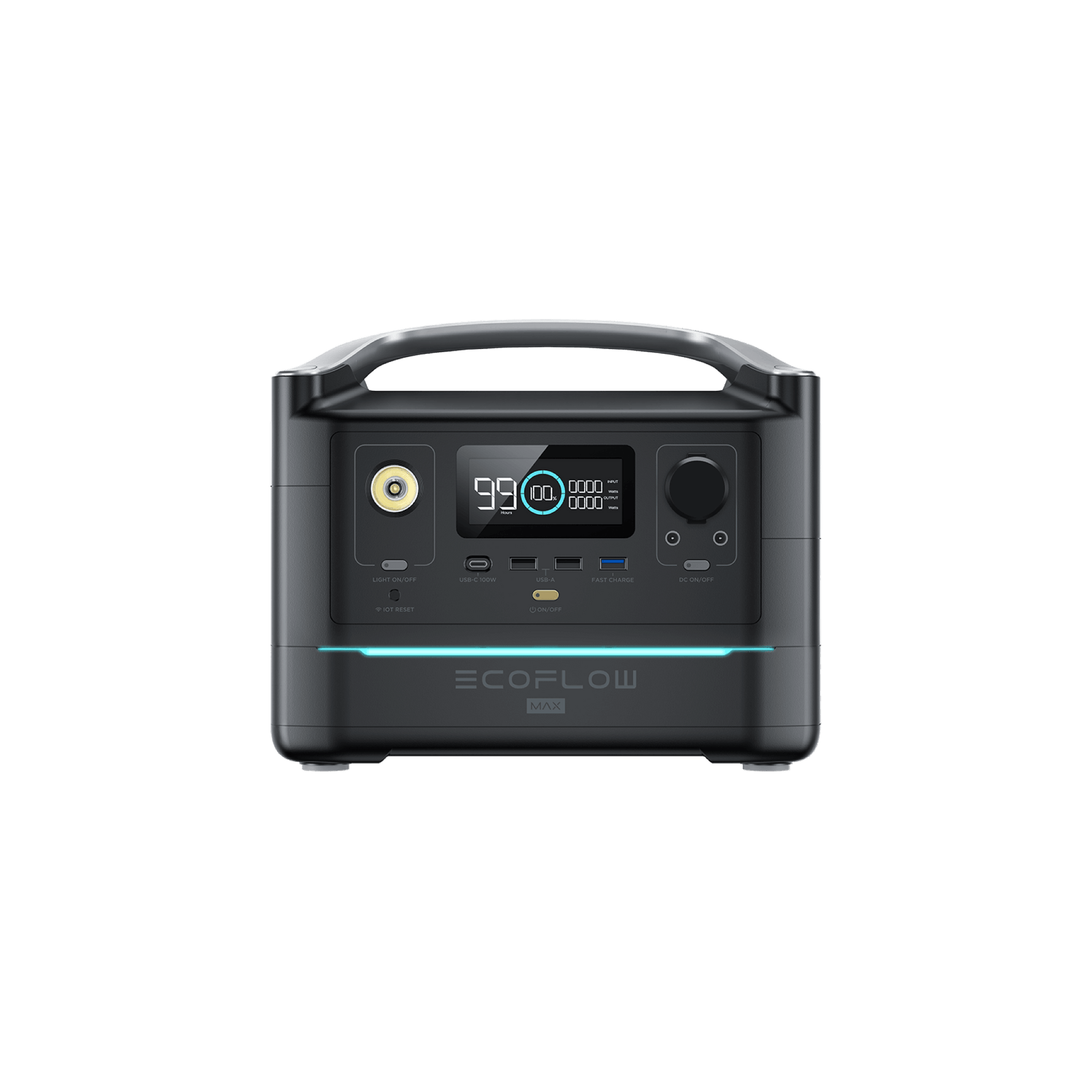 Black EcoFlow power station with digital display, handle, and various ports.