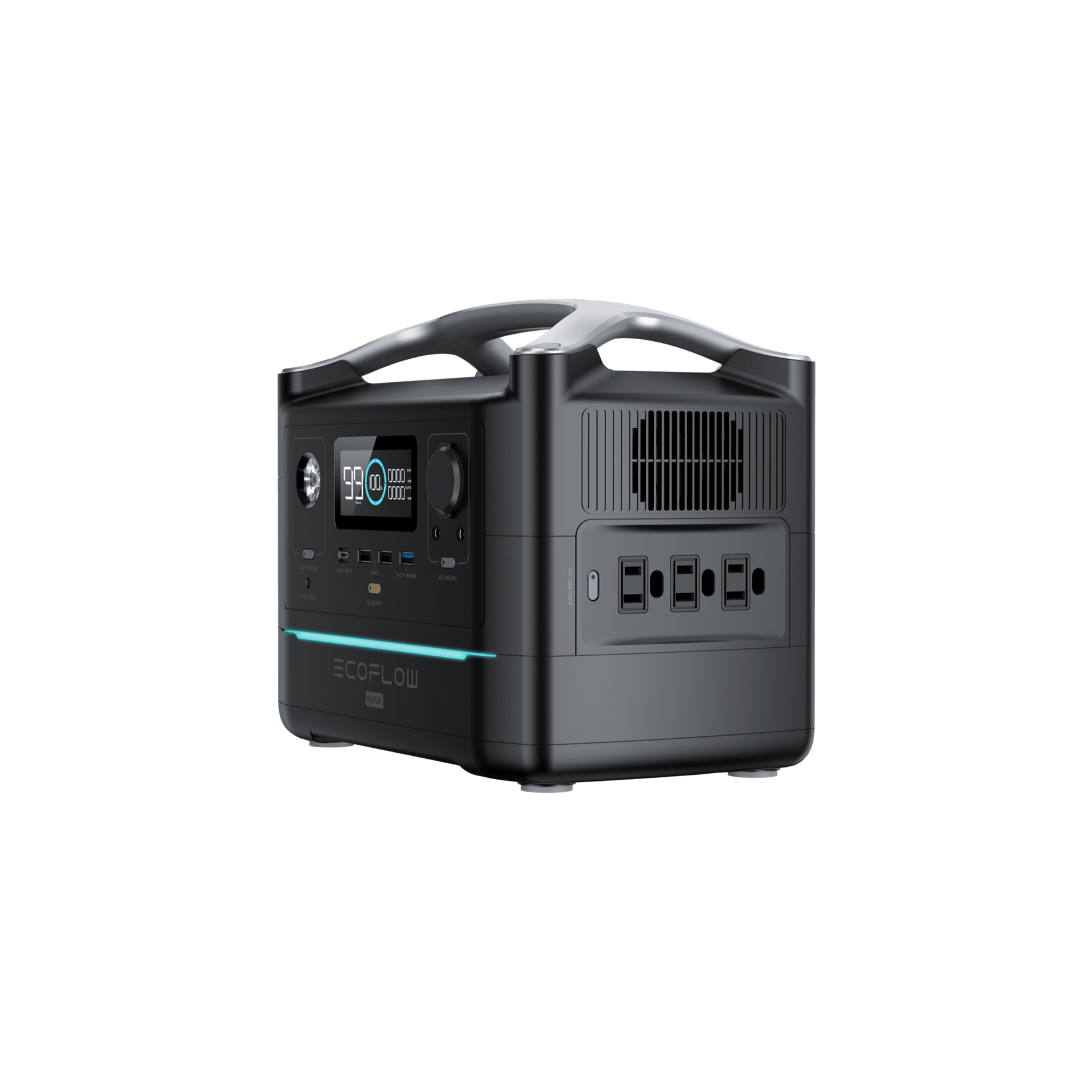 Black EcoFlow power station with digital display, handle, and various ports.