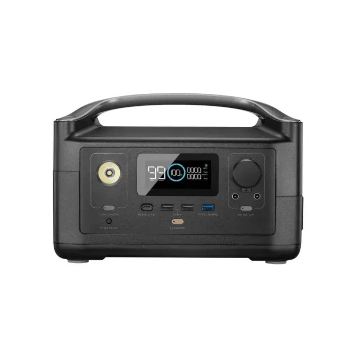 Black portable power station with a digital display and various ports.