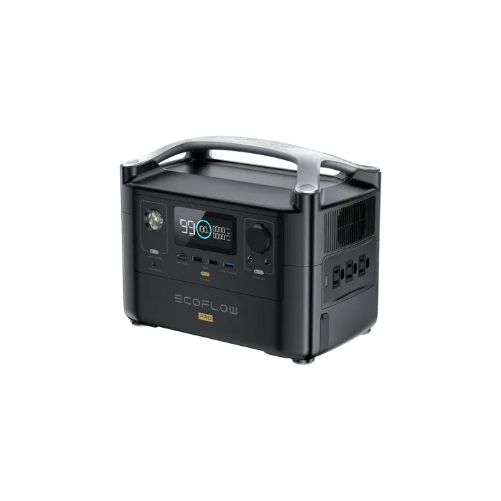 Black portable power station with a digital display showing 99% charge.