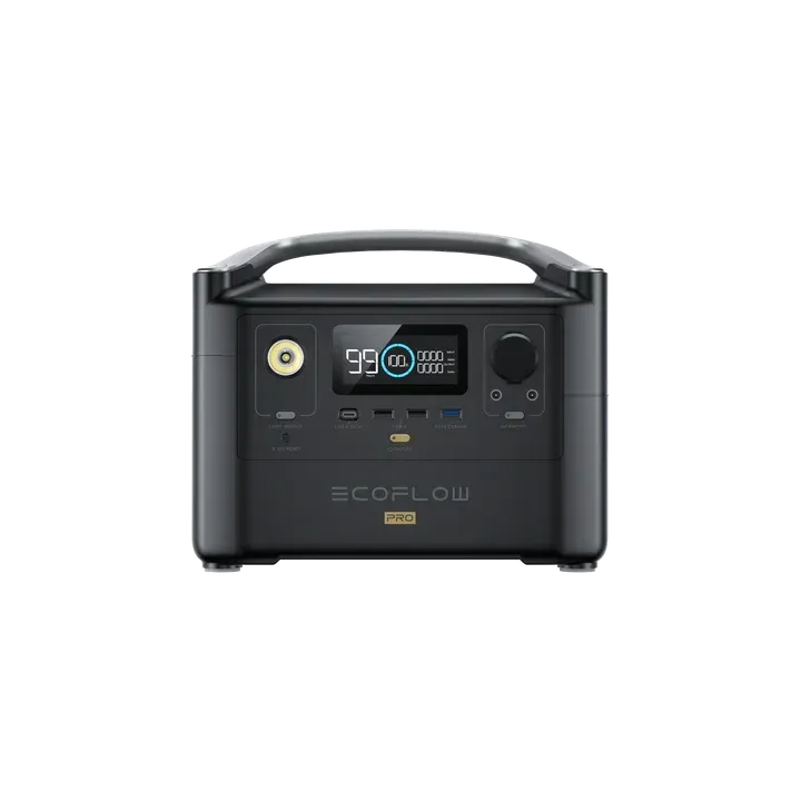 Black portable power station with a digital display showing 99% charge.