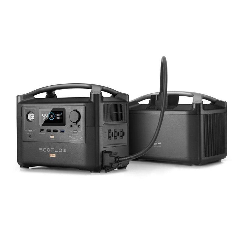 Two dark gray EcoFlow power stations connected by a cable; one has a digital display.