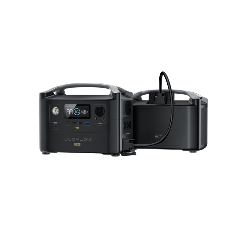 Two dark gray EcoFlow power stations connected by a cable; one has a digital display.
