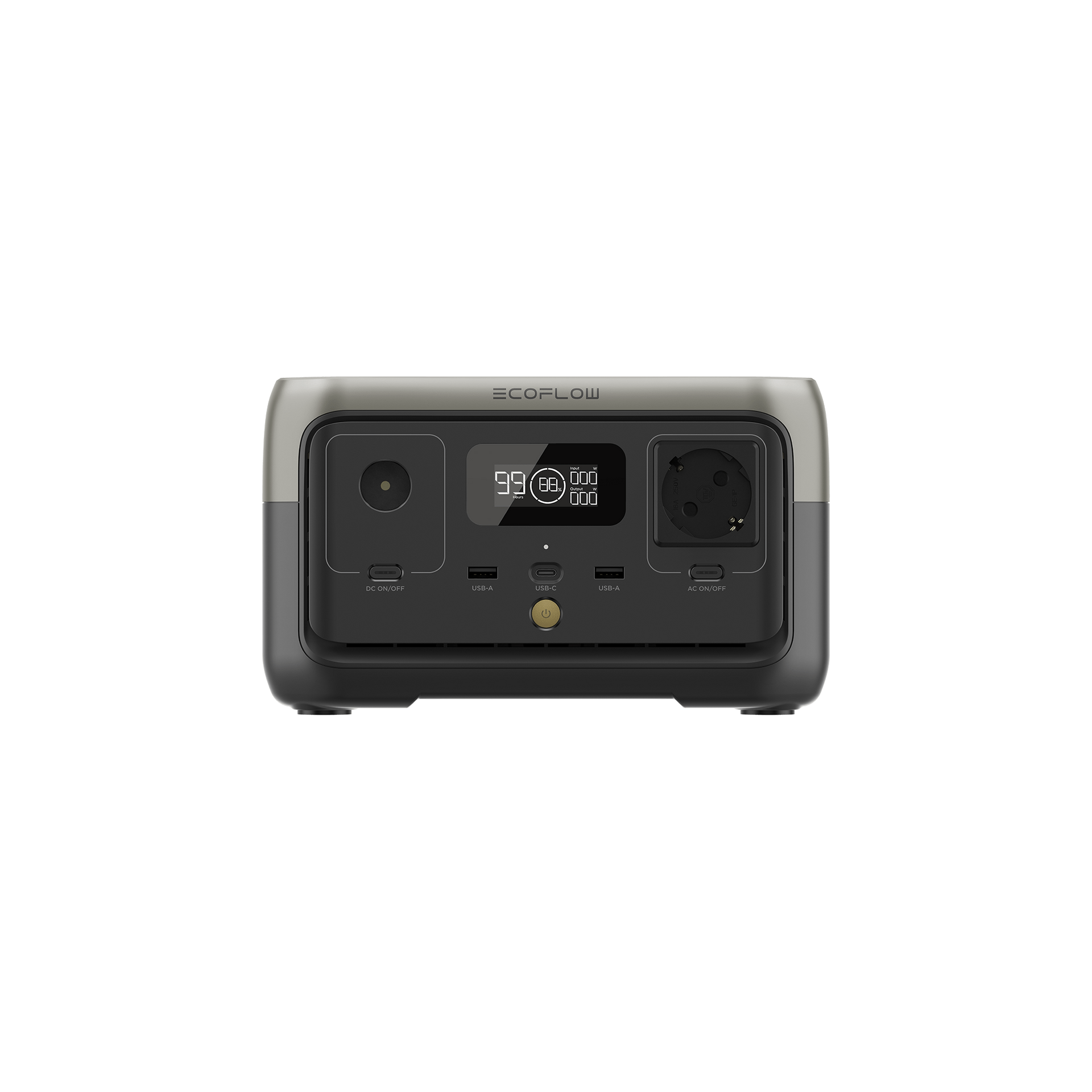 Portable power station, gray and black, with display and outlets.