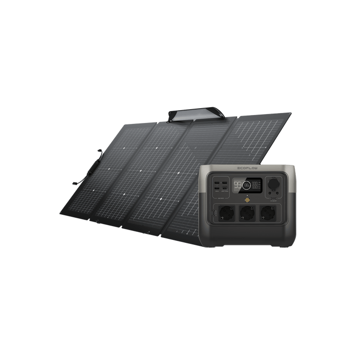Foldable solar panel and portable power station, black and gray.
