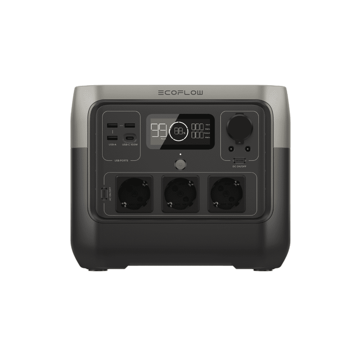 Foldable solar panel and portable power station, black and gray.