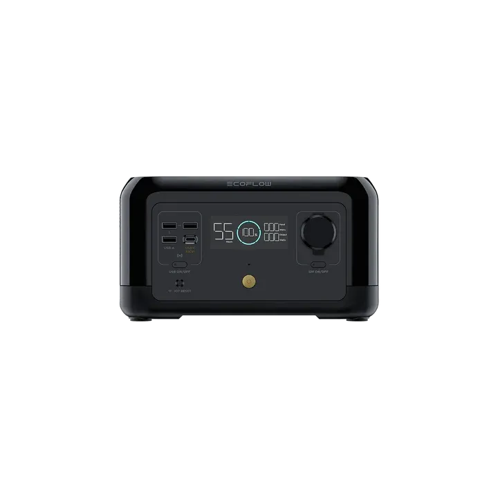 Black EcoFlow portable power station with various ports and a display showing 55% charge.