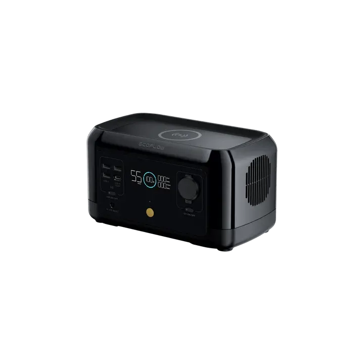 Black EcoFlow portable power station with various ports and a display showing 55% charge.