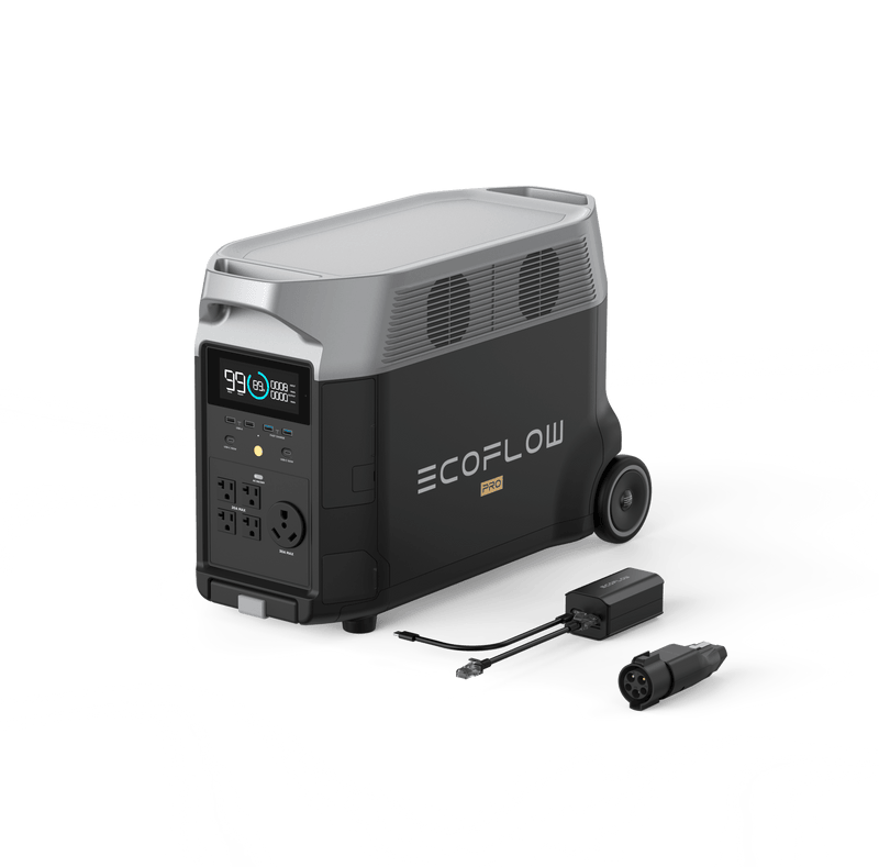 EcoFlow portable power station, black and gray with a screen and outlets. Has wheels and cables.