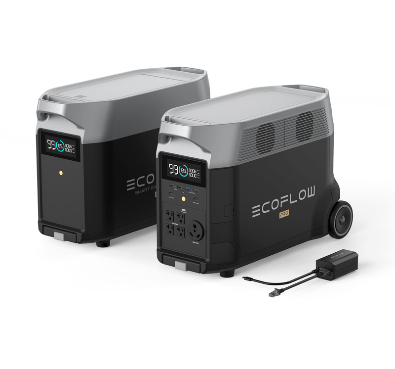 EcoFlow portable power station, black and gray with a screen and outlets. Has wheels and cables.