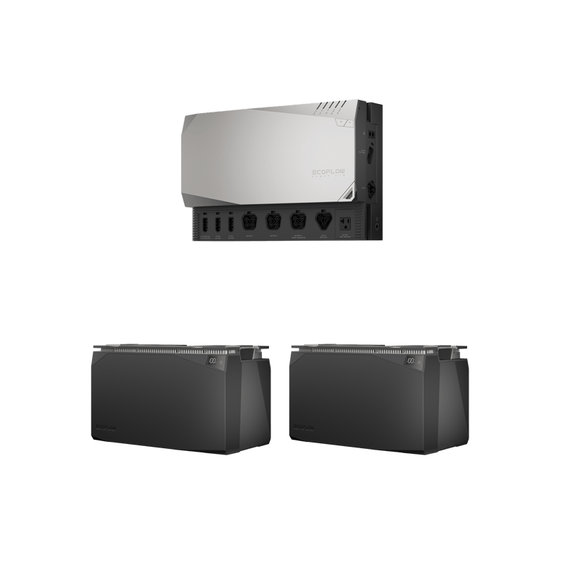 A solar generator system with a silver power station and two black battery packs.