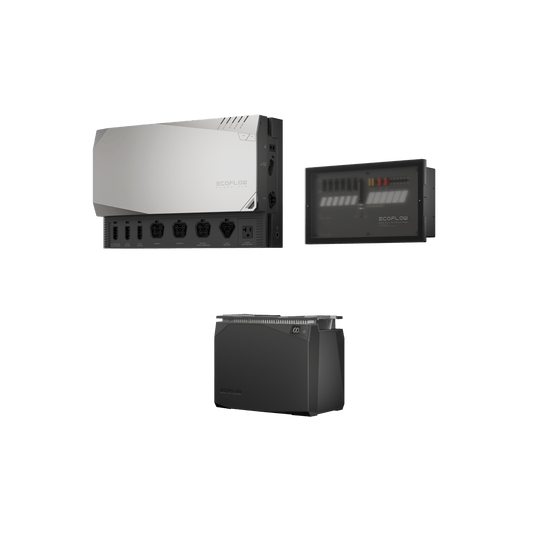 Solar inverter above a battery, both against a white background. The inverter is silver and black. The battery is black.