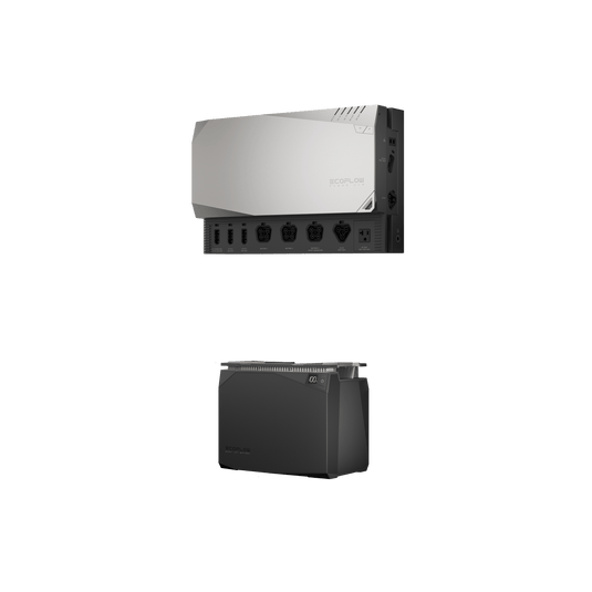Solar inverter above a battery, both against a white background. The inverter is silver and black. The battery is black.