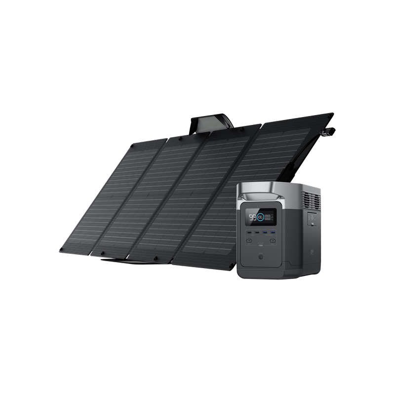 Black solar panel array with a gray portable power station on a white background.