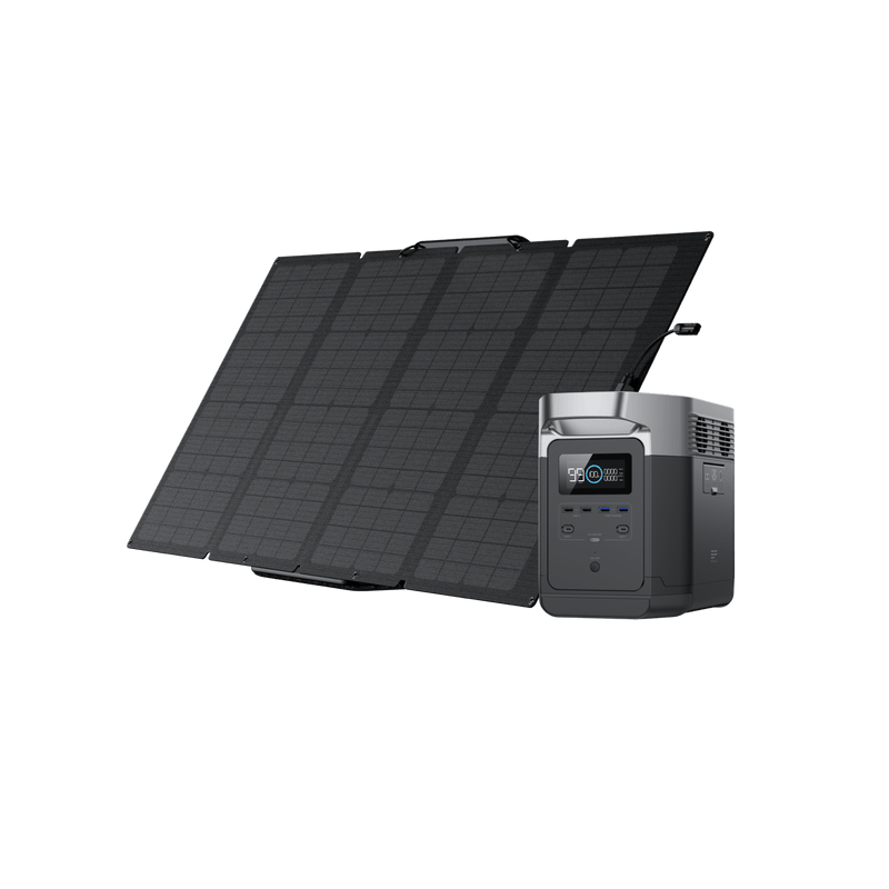 Solar panels and a portable power station. The panels are black, folded, and connected to a dark gray power station.