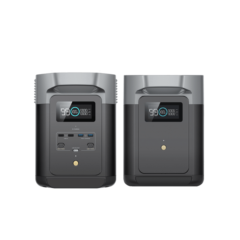 Two EcoFlow portable power stations with displays showing 96% charge.