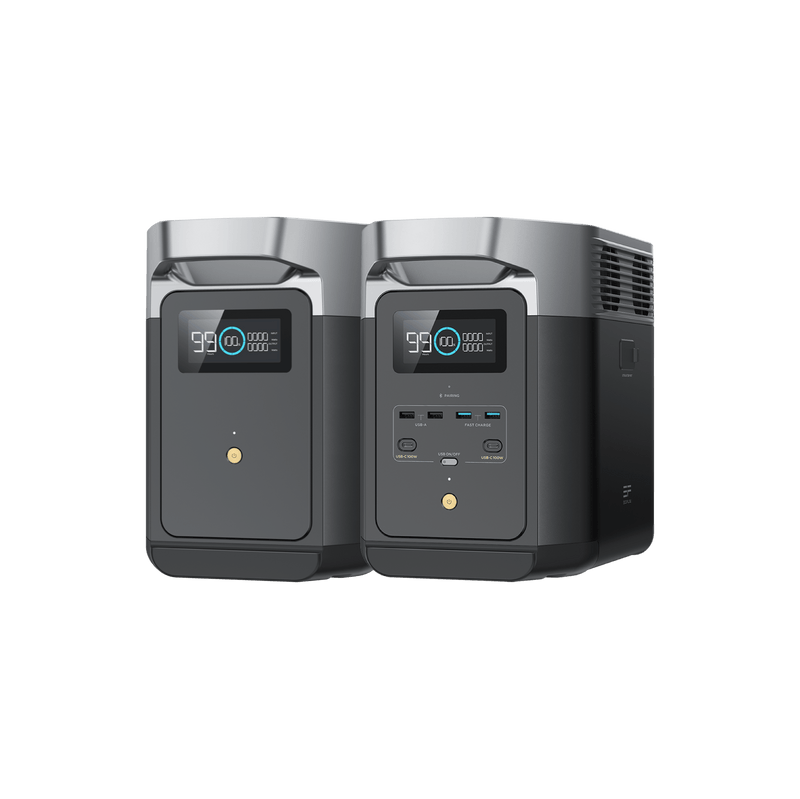 Two EcoFlow portable power stations with displays showing 96% charge.