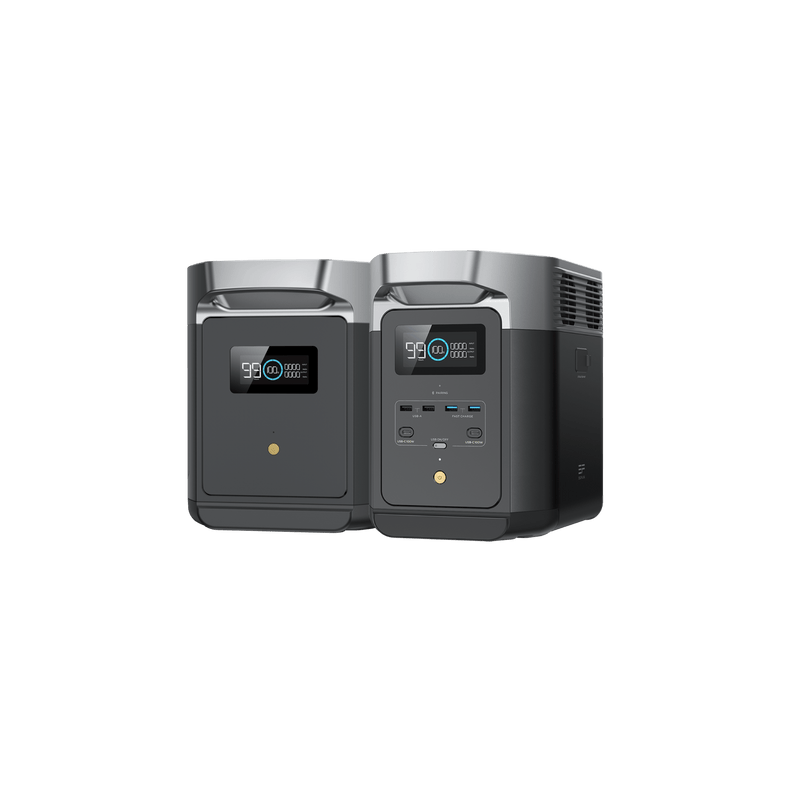 Two gray portable power stations side by side, with display screens and multiple output ports.