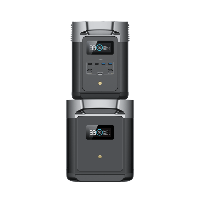 Two gray portable power stations side by side, with display screens and multiple output ports.
