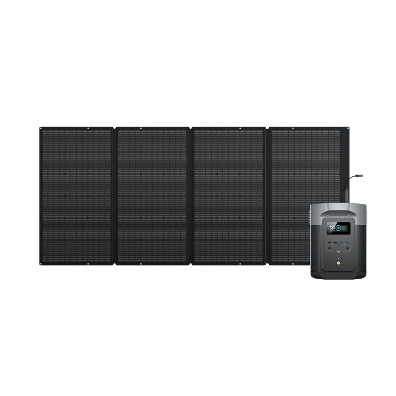 Solar panel array with connected power station on white background.