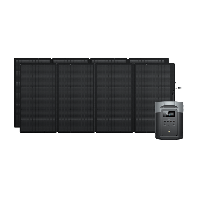 Solar panel array with connected power station on white background.