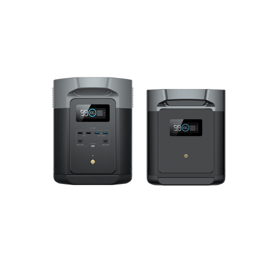 Two portable power stations, dark gray and black, with LCD screens displaying battery life.
