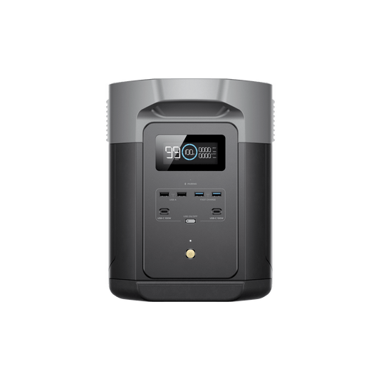 Black and gray portable power station with an LCD screen and various output ports.