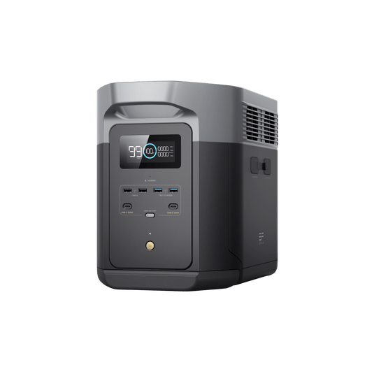 Black and gray portable power station with an LCD screen and various output ports.