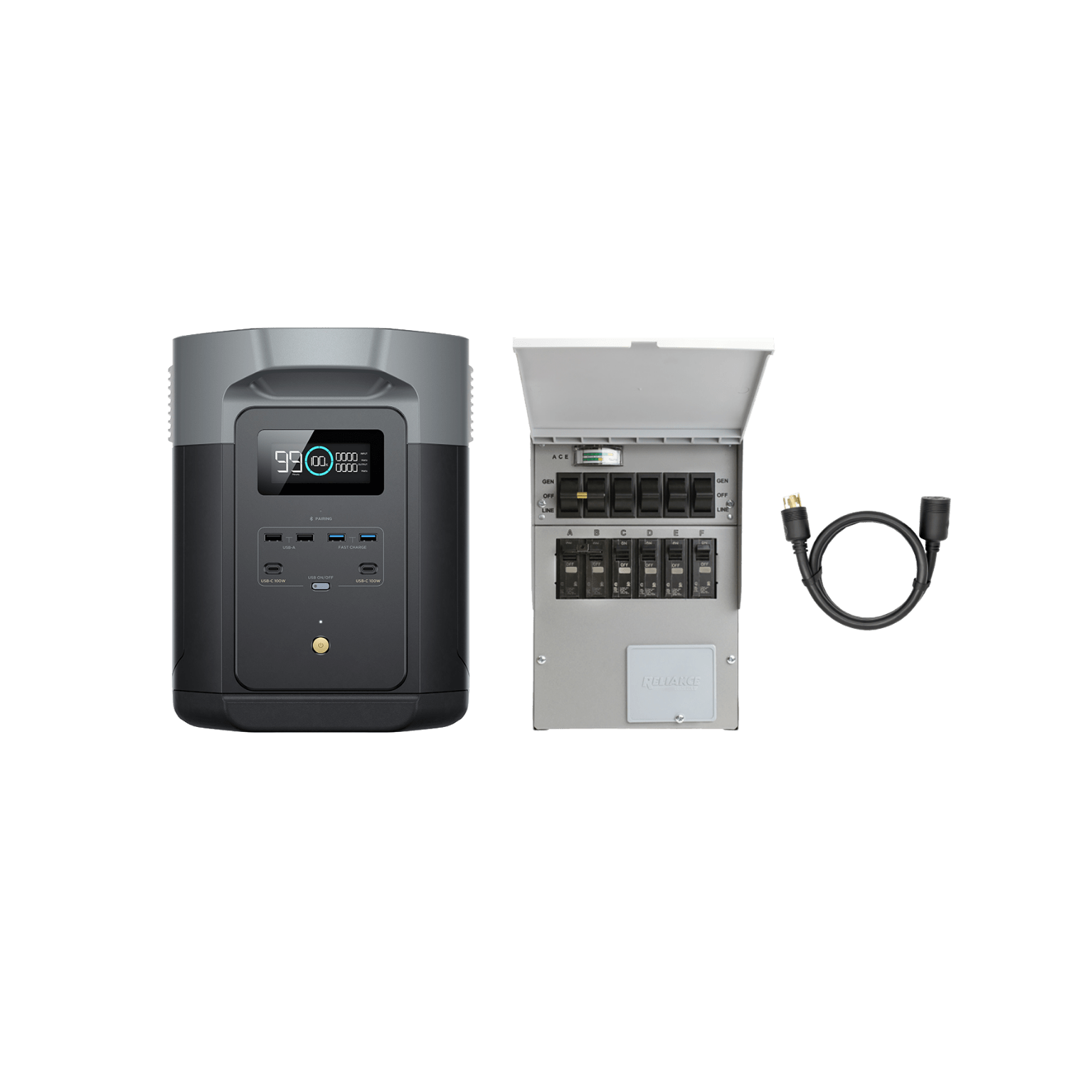 Black and gray portable power station with a transfer switch and cable.