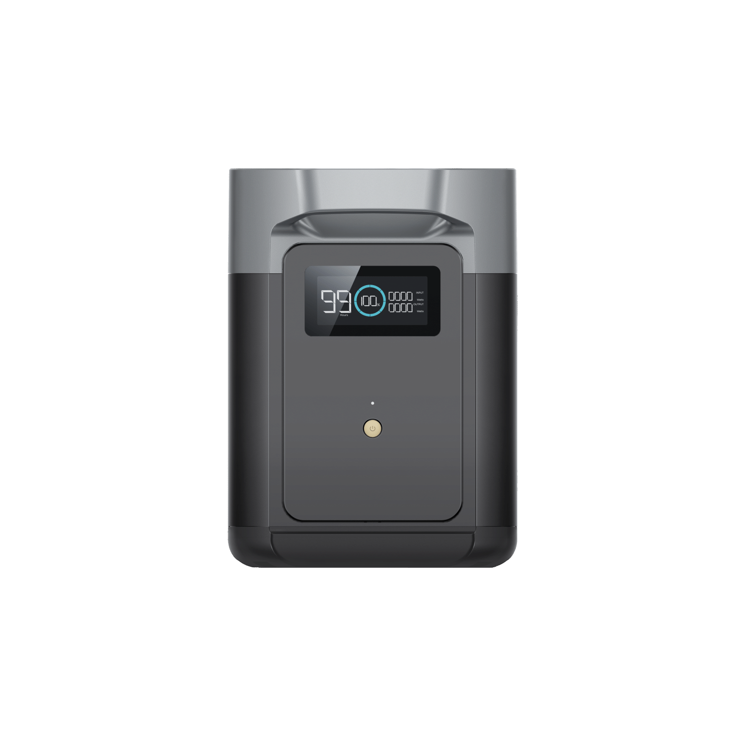 Portable power station, black and gray, with digital display showing battery level.