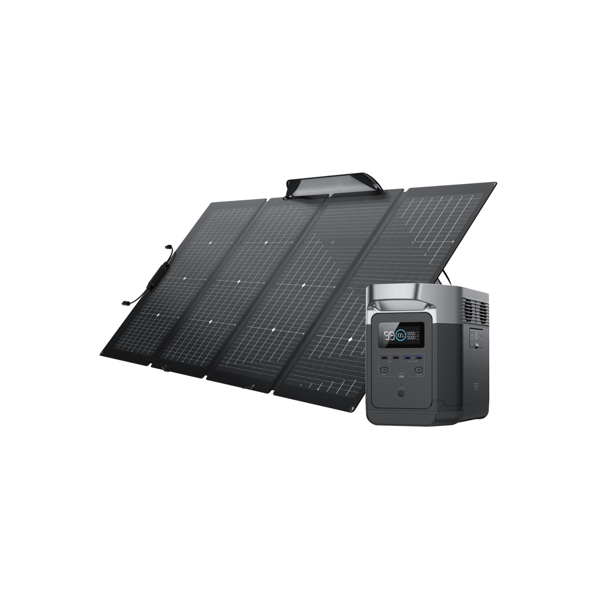 Foldable solar panel and portable power station on white background.