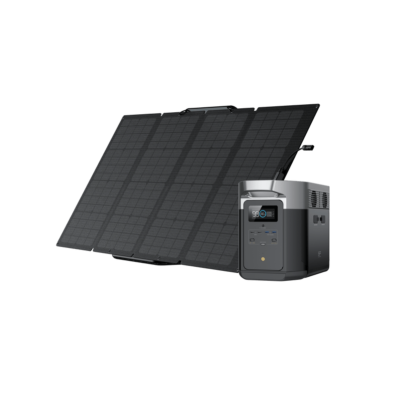 Solar panel set against a portable power station. Black panels angled upward, gray and black station.