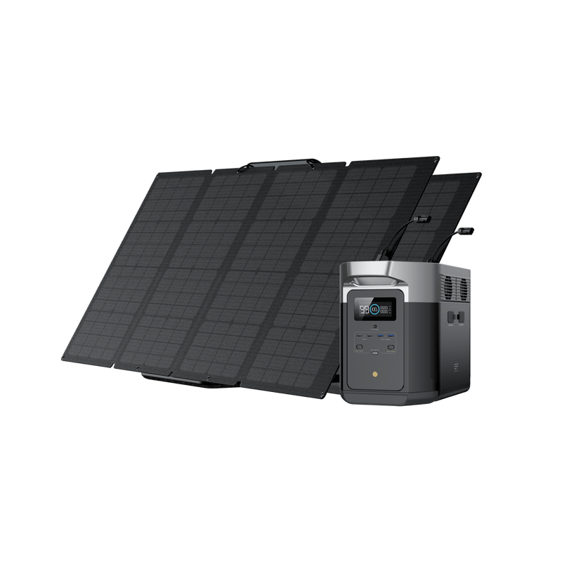 Solar panel set against a portable power station. Black panels angled upward, gray and black station.