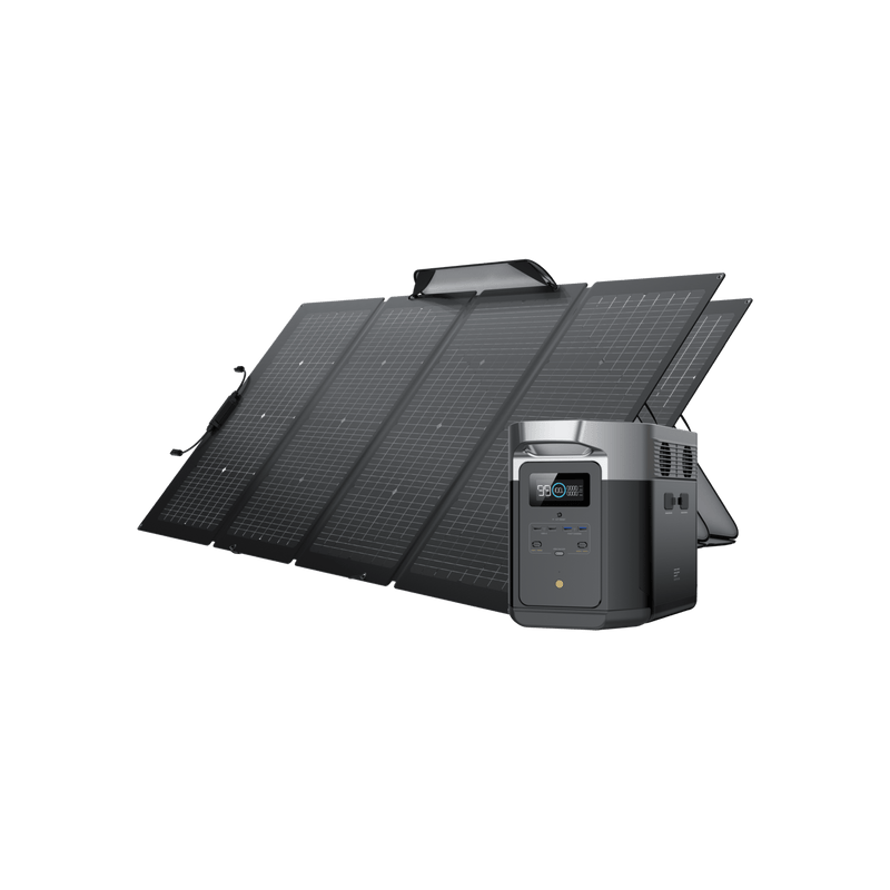 Portable solar panels angled upward, charging a gray power station.