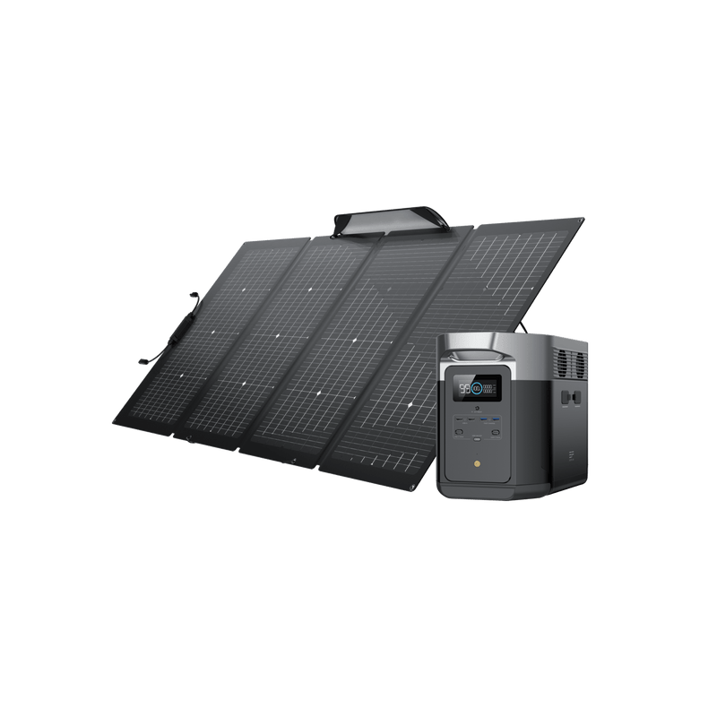 Portable solar panels angled upward, charging a gray power station.