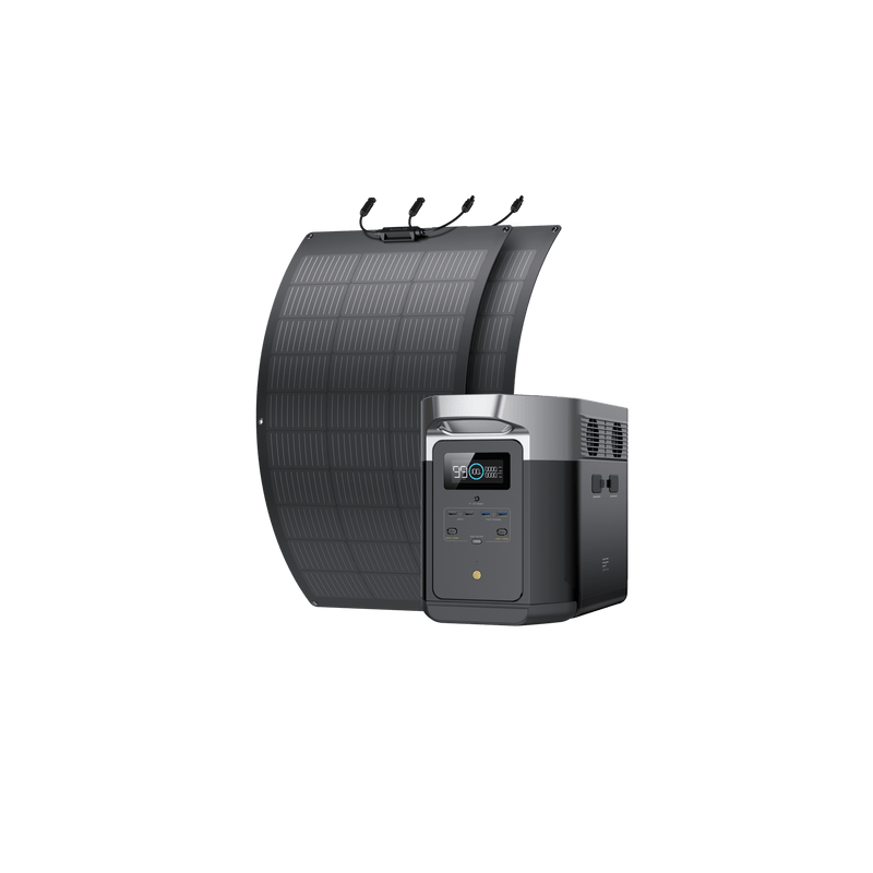 Portable solar panel leaning against a black and gray power station with a display.