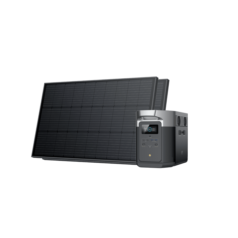 Solar panels and a portable power station, both black, on a white background.