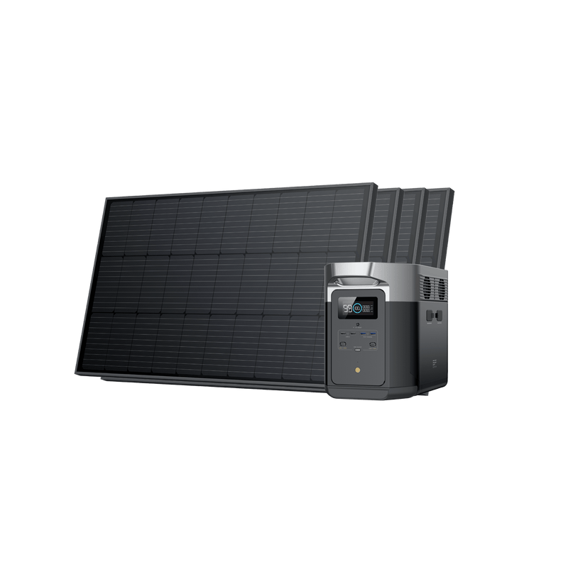 Solar panels and a portable power station, both black, on a white background.