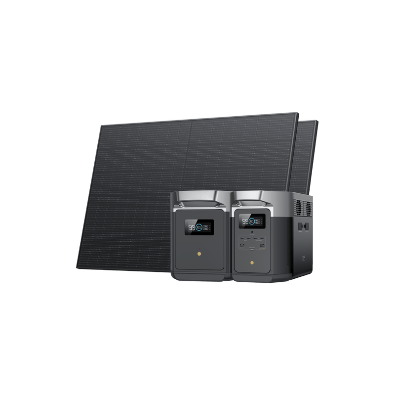 Solar panels and portable power stations; black and gray.