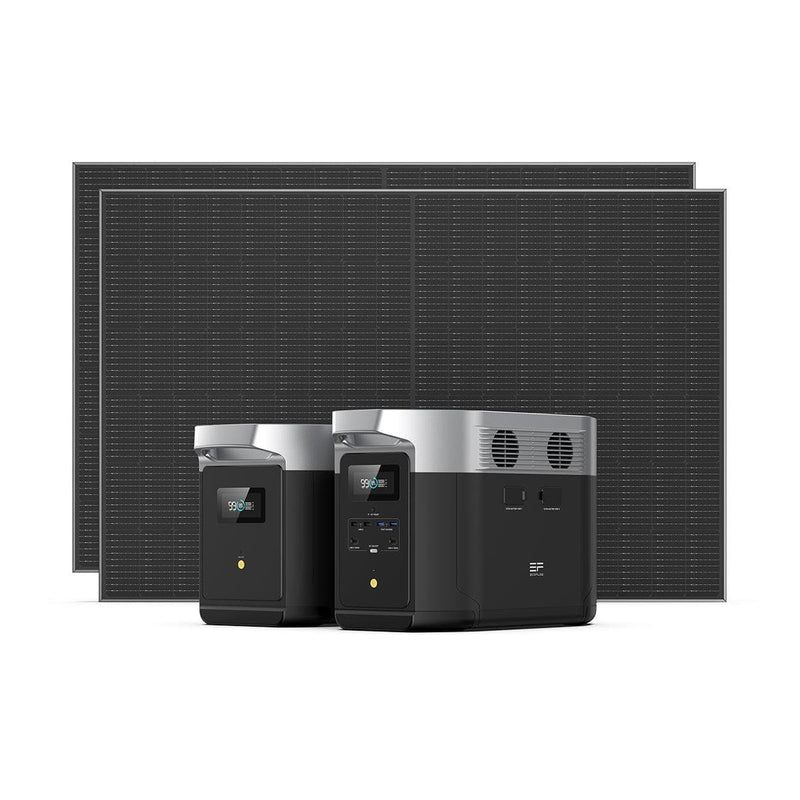Solar panels and portable power stations; black and gray.