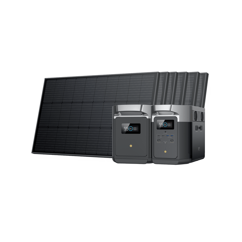 Solar panel and two power stations against a white background.