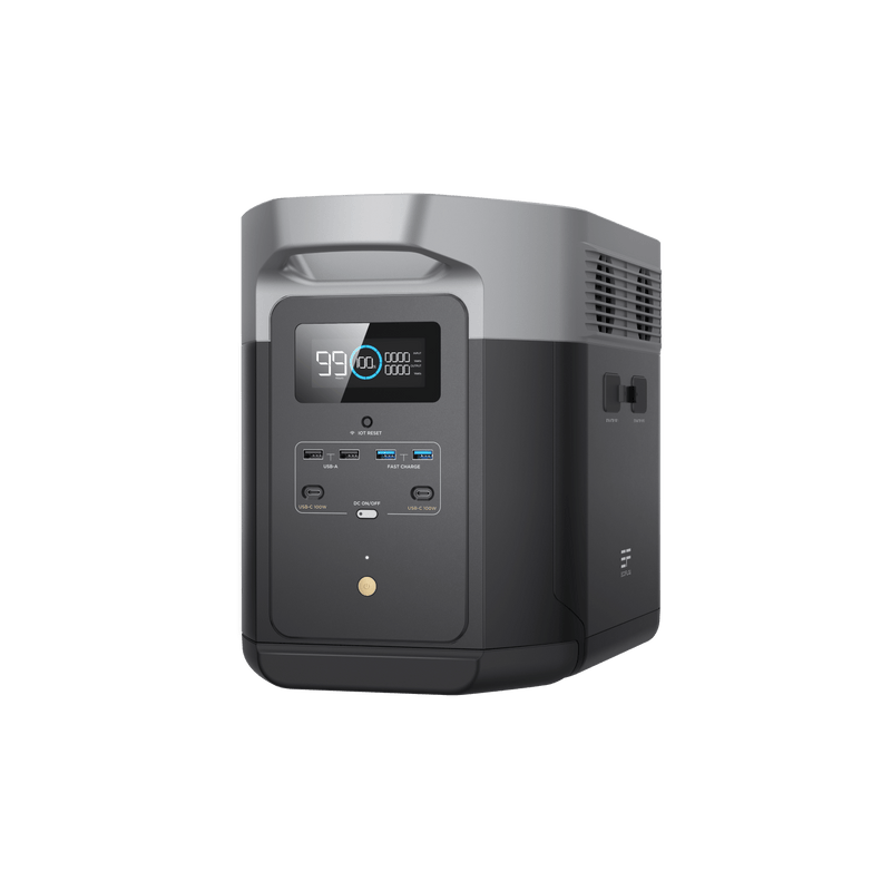 Portable power station with a black and gray design, digital display showing 99%.