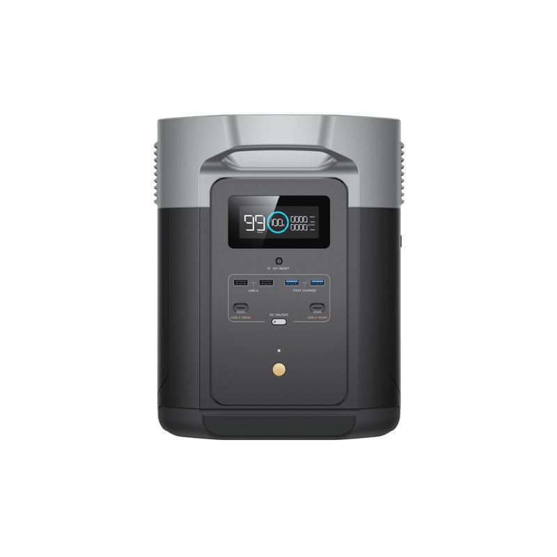Portable power station with a black and gray design, digital display showing 99%.