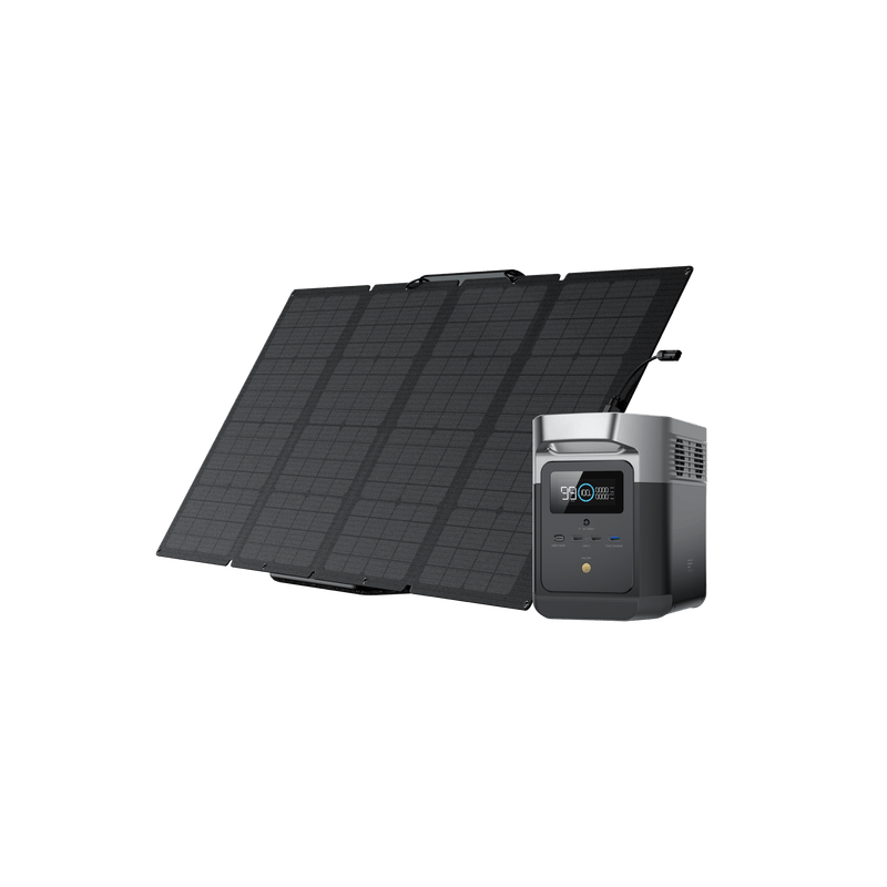 Black solar panels angled up beside a black and gray power station.