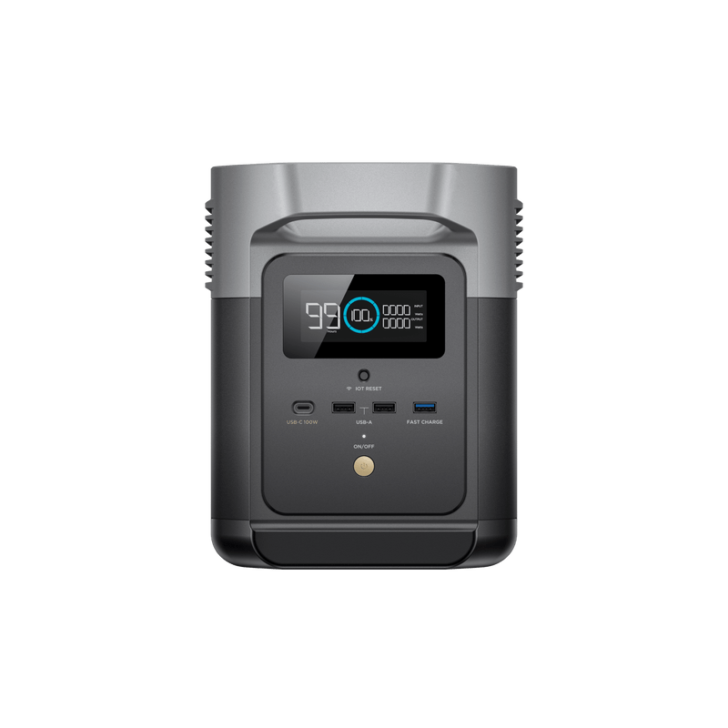 Portable power station with display showing 99% charge and output ports.