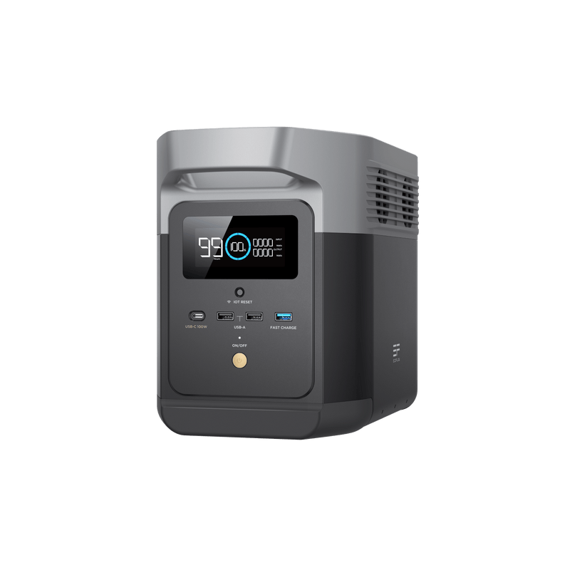 Portable power station with digital display showing 99% charge, gray and black design, USB ports.