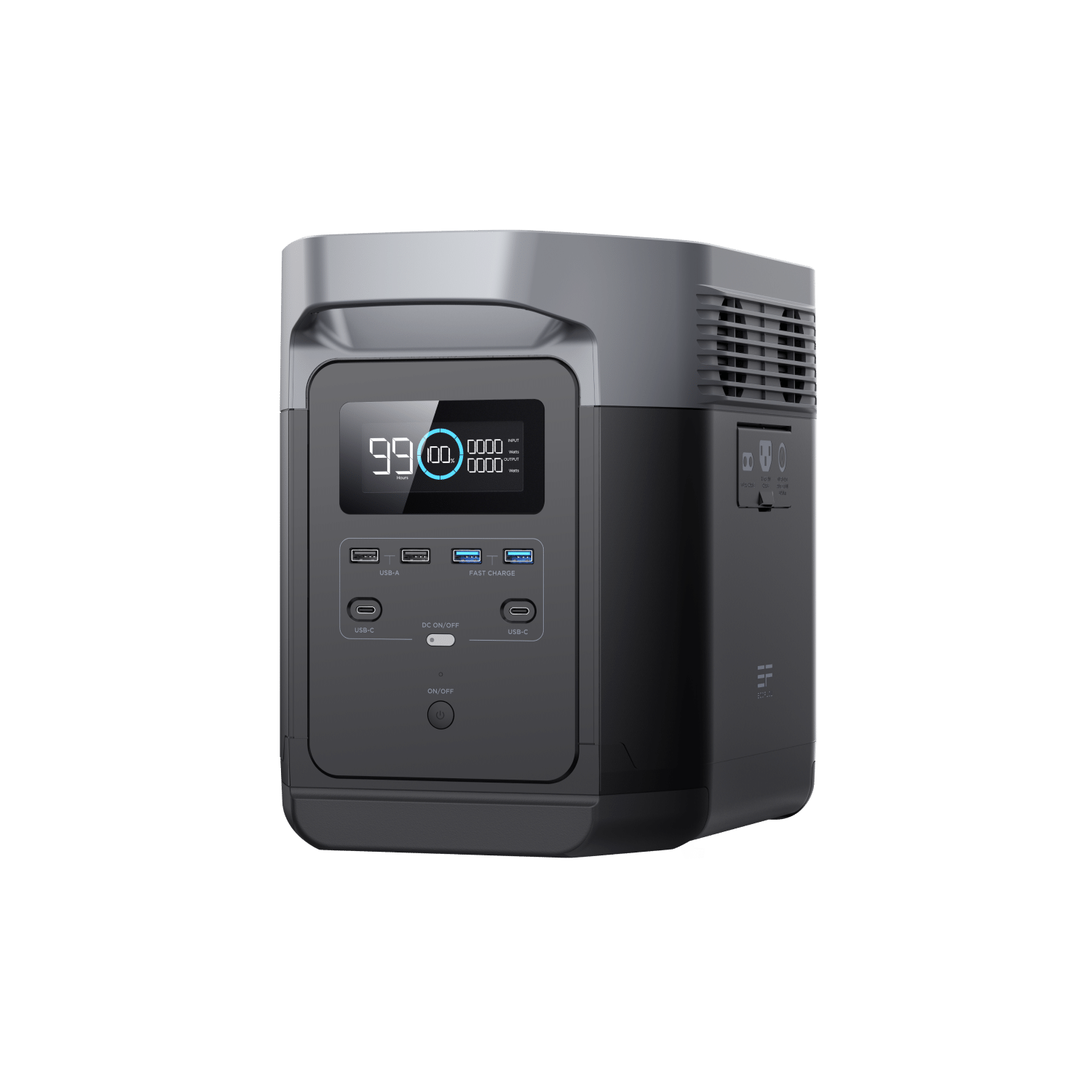 Portable power station, black and gray, with digital display showing battery level.