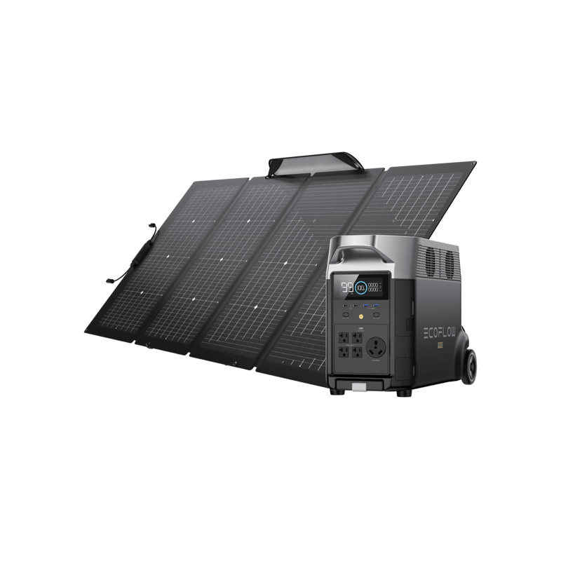 A portable power station with a solar panel setup. The power station is black, panels are angled.